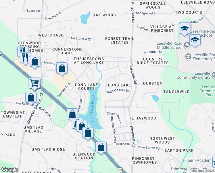 map of restaurants, bars, coffee shops, grocery stores, and more near 5405 Glorietta Circle in Raleigh