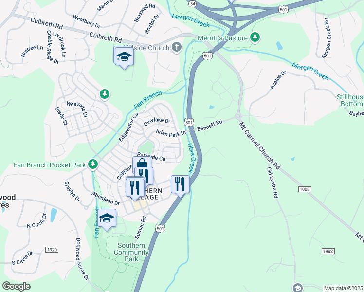 map of restaurants, bars, coffee shops, grocery stores, and more near 101 Parkside Court in Chapel Hill