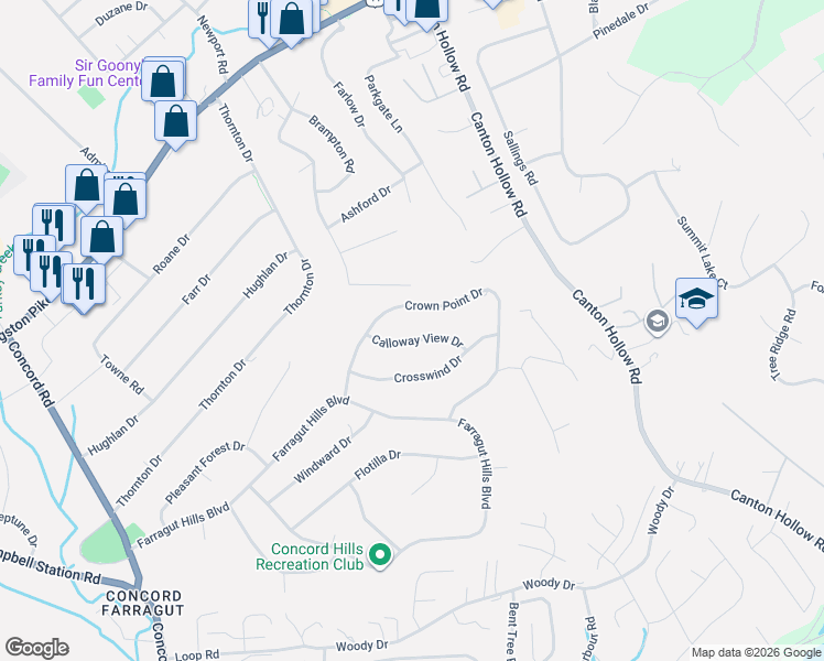 map of restaurants, bars, coffee shops, grocery stores, and more near 11021 Calloway View Drive in Knoxville