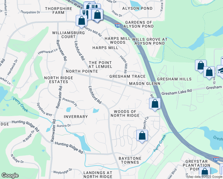 map of restaurants, bars, coffee shops, grocery stores, and more near 2400 Gresham Lake Road in Raleigh