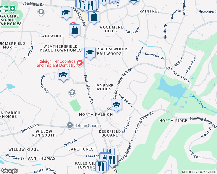 map of restaurants, bars, coffee shops, grocery stores, and more near 7212 Tanbark Way in Raleigh