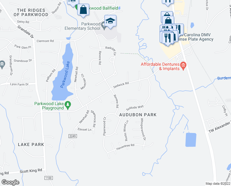 map of restaurants, bars, coffee shops, grocery stores, and more near 5407 Revere Road in Durham