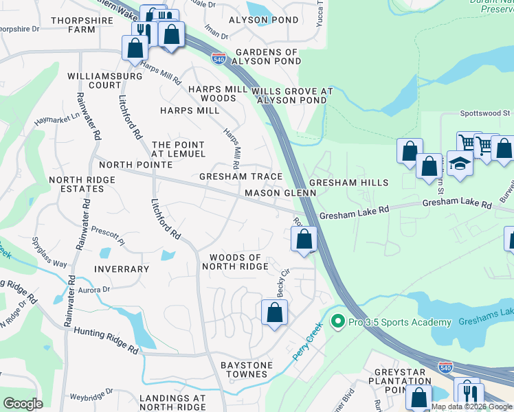 map of restaurants, bars, coffee shops, grocery stores, and more near 2512 Gresham Lake Road in Raleigh