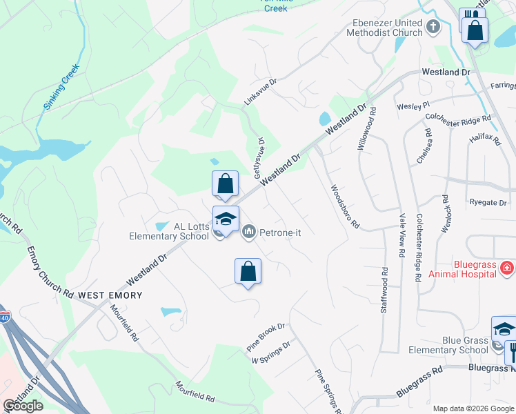 map of restaurants, bars, coffee shops, grocery stores, and more near 9211 Center Court Way in Knoxville