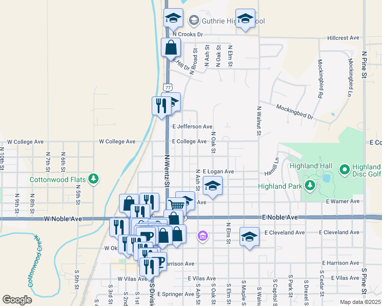 map of restaurants, bars, coffee shops, grocery stores, and more near 316 East Washington Avenue in Guthrie