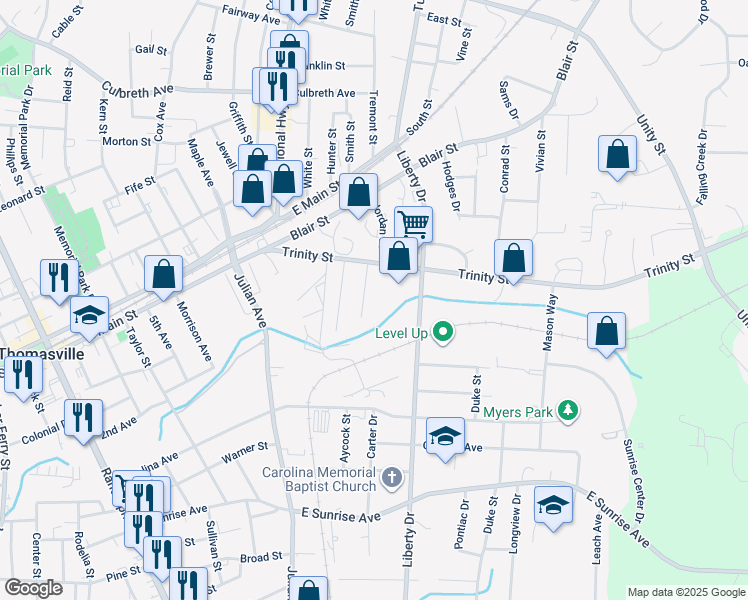 map of restaurants, bars, coffee shops, grocery stores, and more near 105 Sherman Street in Thomasville