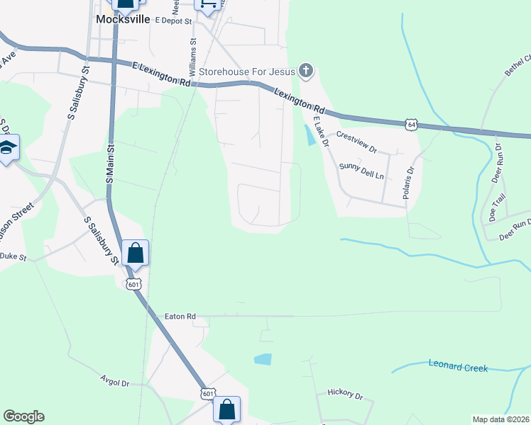 map of restaurants, bars, coffee shops, grocery stores, and more near 126 Applegate Court in Mocksville