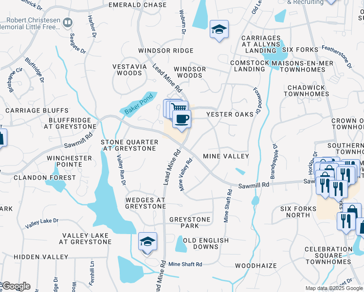 map of restaurants, bars, coffee shops, grocery stores, and more near Lead Mine Rd & Sawmill Rd in Raleigh