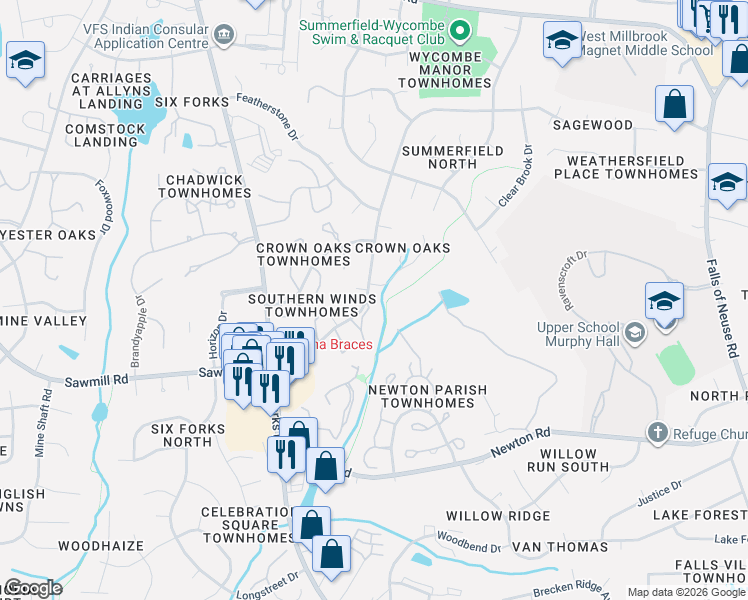 map of restaurants, bars, coffee shops, grocery stores, and more near 7766 Sandra Lane in Raleigh