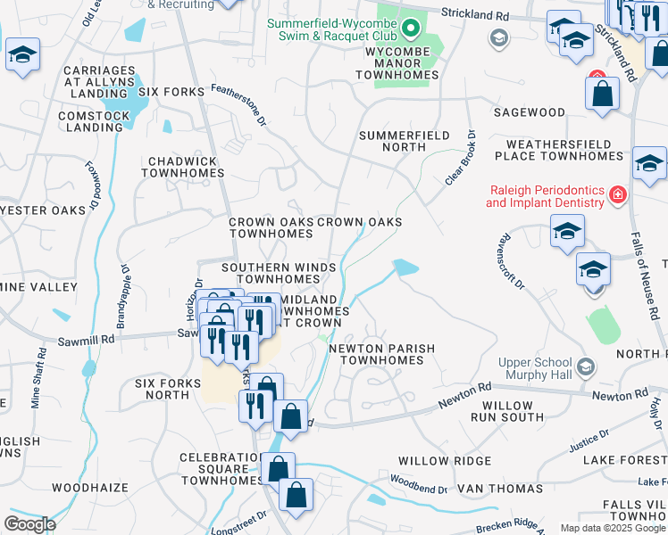 map of restaurants, bars, coffee shops, grocery stores, and more near 7766 Sandra Lane in Raleigh