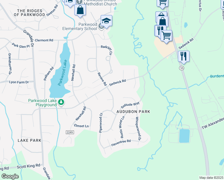 map of restaurants, bars, coffee shops, grocery stores, and more near 5407 Revere Road in Durham