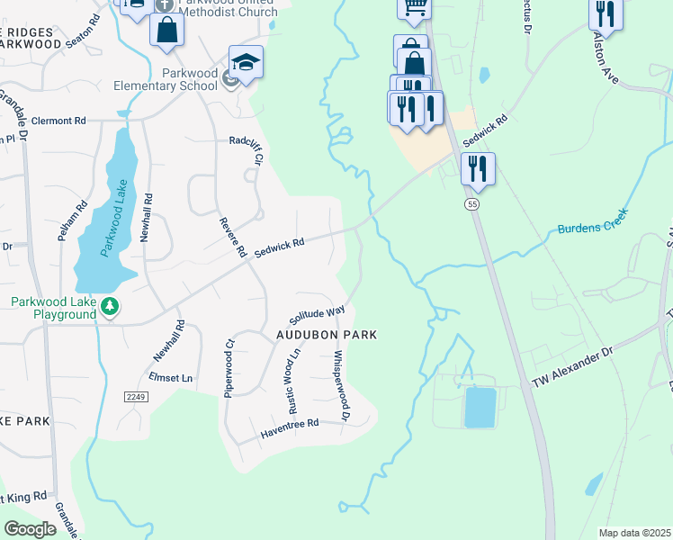 map of restaurants, bars, coffee shops, grocery stores, and more near 5610 Frenchmans Creek Drive in Durham