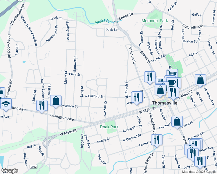 map of restaurants, bars, coffee shops, grocery stores, and more near 208 Kinney Avenue in Thomasville