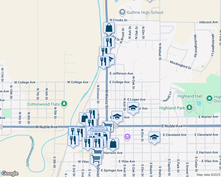 map of restaurants, bars, coffee shops, grocery stores, and more near 212 East Washington Avenue in Guthrie