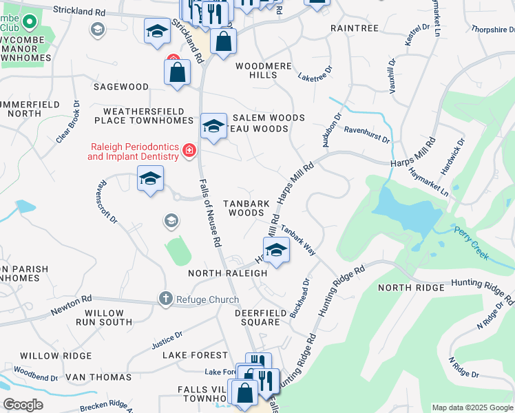 map of restaurants, bars, coffee shops, grocery stores, and more near 7212 Tanbark Way in Raleigh