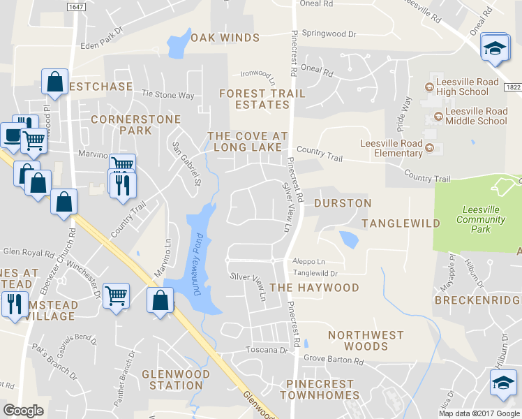 map of restaurants, bars, coffee shops, grocery stores, and more near 7608 Vista Del Rey Lane in Raleigh