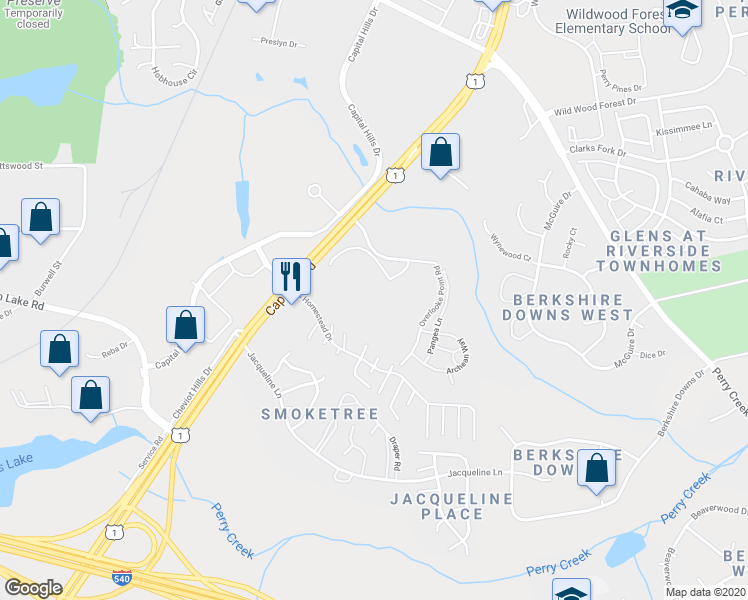 map of restaurants, bars, coffee shops, grocery stores, and more near 7600 Capital Boulevard in Raleigh