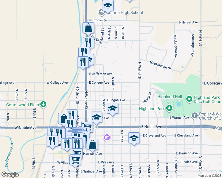 map of restaurants, bars, coffee shops, grocery stores, and more near 424 East Washington Avenue in Guthrie