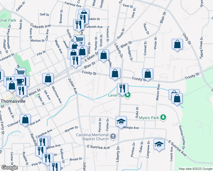 map of restaurants, bars, coffee shops, grocery stores, and more near 105 Sherman Street in Thomasville