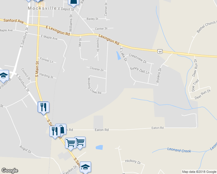 map of restaurants, bars, coffee shops, grocery stores, and more near 277 Charleston Ridge Drive in Mocksville