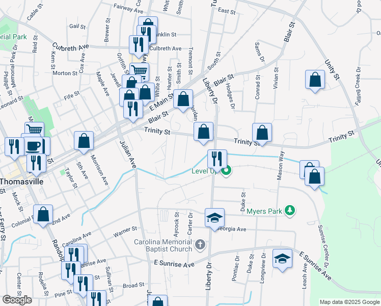 map of restaurants, bars, coffee shops, grocery stores, and more near 100 Liberty Drive in Thomasville