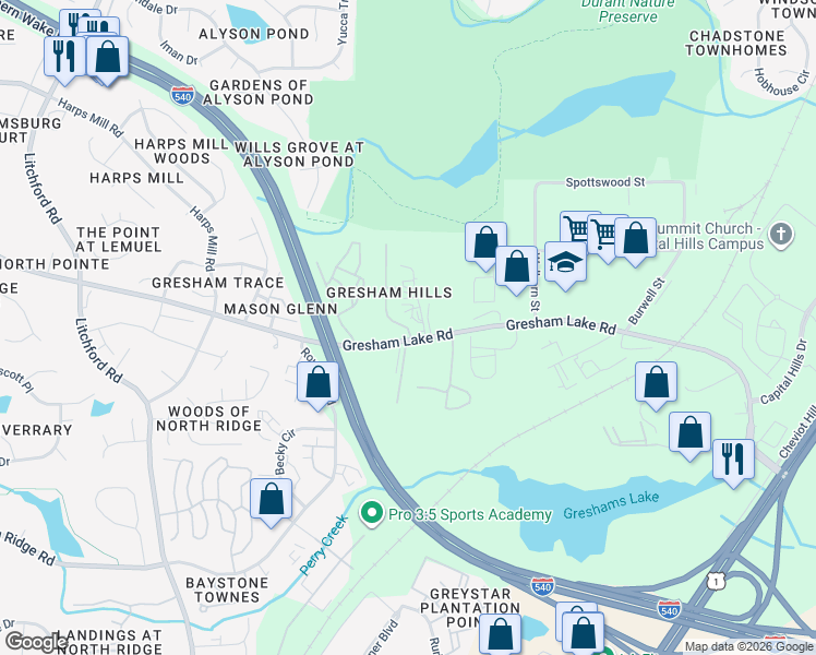 map of restaurants, bars, coffee shops, grocery stores, and more near 7601 Gresham Hills Drive in Raleigh