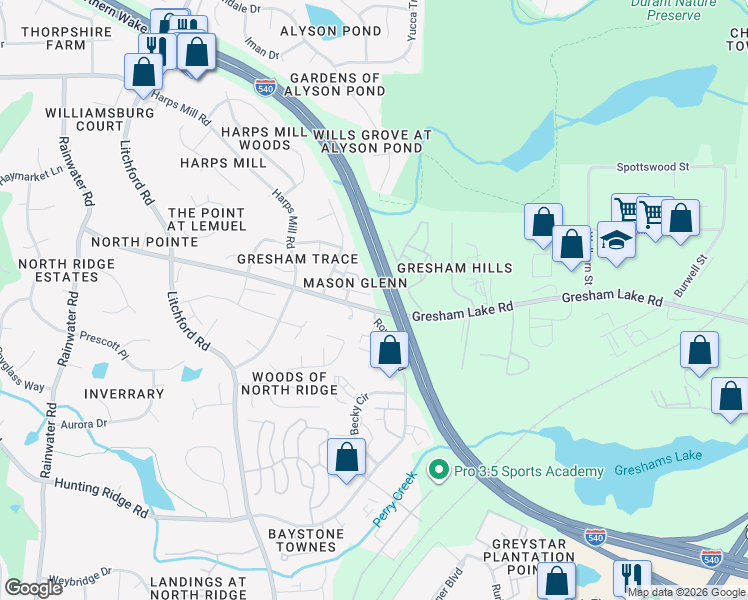 map of restaurants, bars, coffee shops, grocery stores, and more near 7921 Dukes Dynasty Drive in Raleigh
