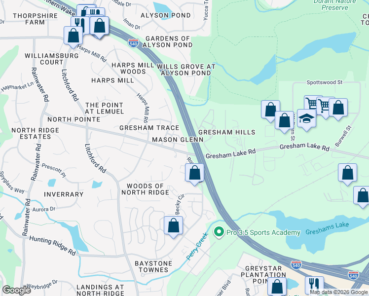 map of restaurants, bars, coffee shops, grocery stores, and more near 7921 Dukes Dynasty Drive in Raleigh