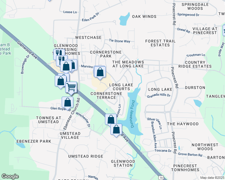 map of restaurants, bars, coffee shops, grocery stores, and more near 8512 Silhouette Place in Raleigh