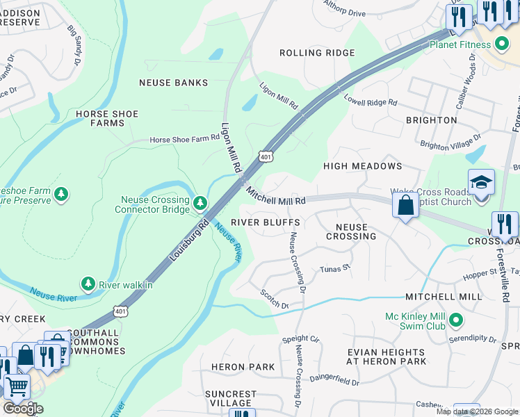 map of restaurants, bars, coffee shops, grocery stores, and more near 3240 Forest Mill Circle in Raleigh