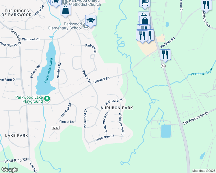 map of restaurants, bars, coffee shops, grocery stores, and more near 1526 Sedwick Road in Durham