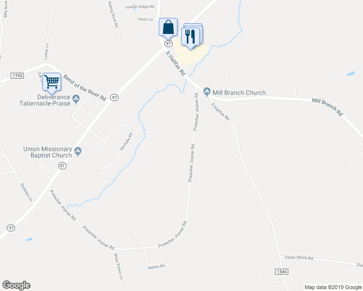 map of restaurants, bars, coffee shops, grocery stores, and more near 8232 Preacher Joyner Road in Rocky Mount