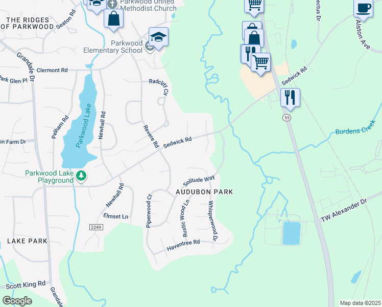 map of restaurants, bars, coffee shops, grocery stores, and more near 1526 Sedwick Road in Durham