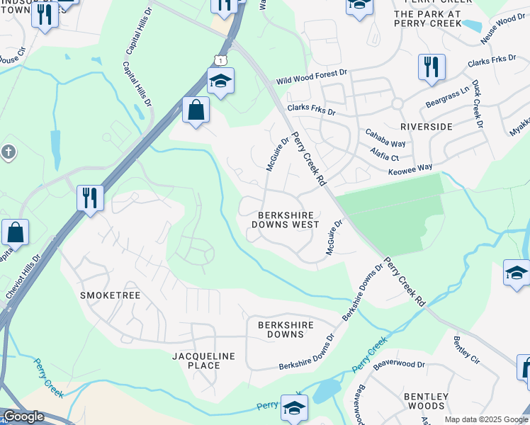 map of restaurants, bars, coffee shops, grocery stores, and more near 8256 McGuire Drive in Raleigh