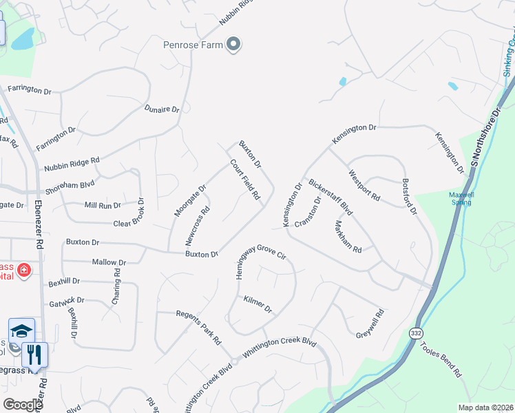 map of restaurants, bars, coffee shops, grocery stores, and more near 1452 Buxton Drive in Knoxville