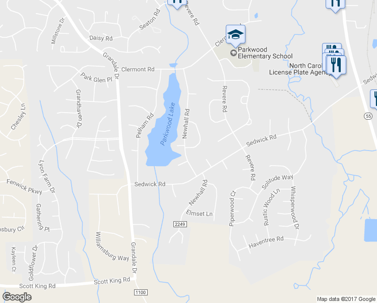 map of restaurants, bars, coffee shops, grocery stores, and more near 141 Montclair Circle in Durham