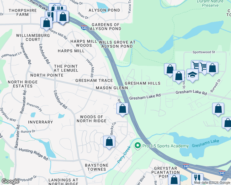 map of restaurants, bars, coffee shops, grocery stores, and more near 7921 Dukes Dynasty Drive in Raleigh