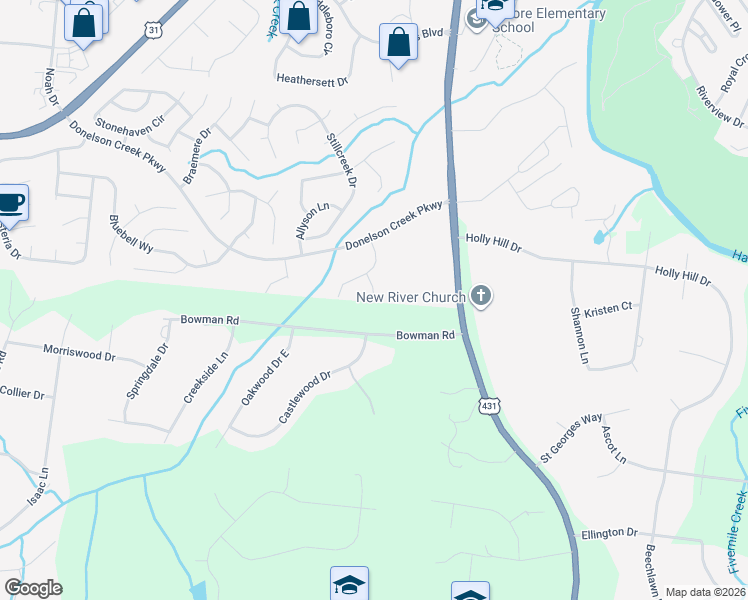 map of restaurants, bars, coffee shops, grocery stores, and more near 405 Birkdale Court in Franklin