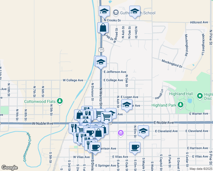 map of restaurants, bars, coffee shops, grocery stores, and more near 212 East Washington Avenue in Guthrie
