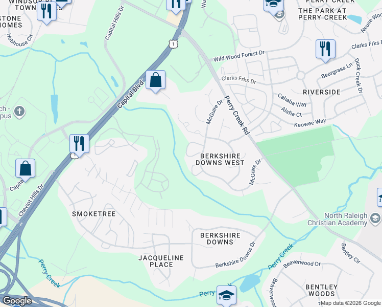 map of restaurants, bars, coffee shops, grocery stores, and more near 8201 Merriweather Circle in Raleigh