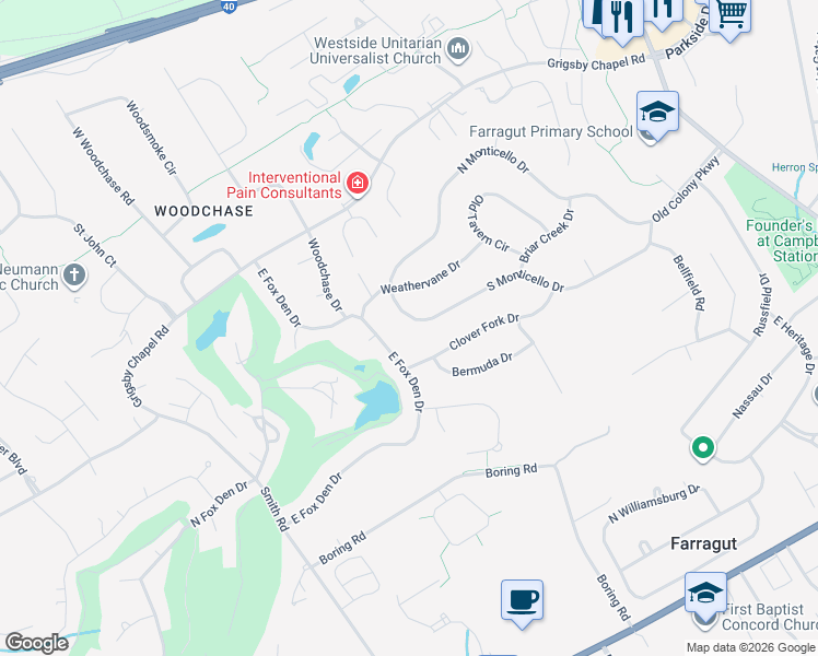map of restaurants, bars, coffee shops, grocery stores, and more near 528 East Fox Den Drive in Knoxville