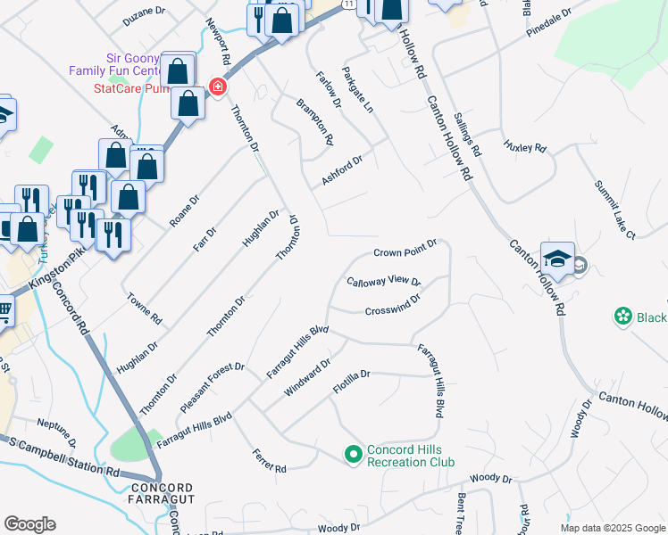 map of restaurants, bars, coffee shops, grocery stores, and more near 11139 Crown Point Drive in Knoxville
