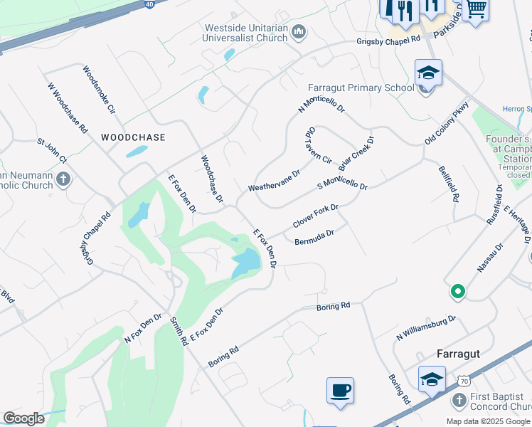 map of restaurants, bars, coffee shops, grocery stores, and more near 528 East Fox Den Drive in Knoxville
