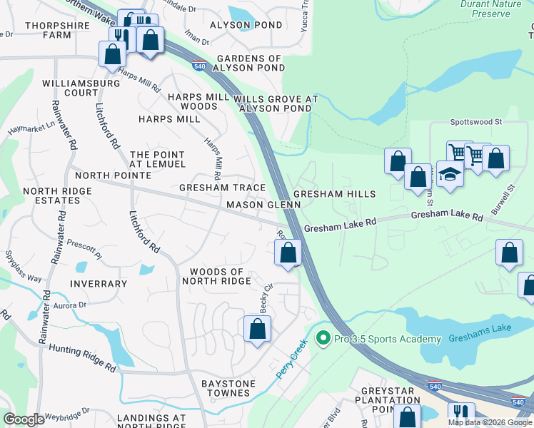 map of restaurants, bars, coffee shops, grocery stores, and more near 7921 Dukes Dynasty Drive in Raleigh