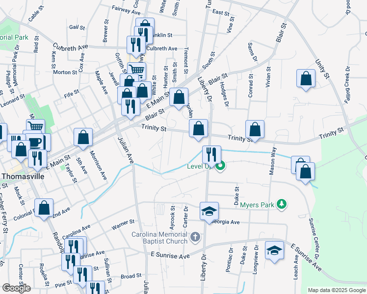 map of restaurants, bars, coffee shops, grocery stores, and more near 105 Sherman Street in Thomasville