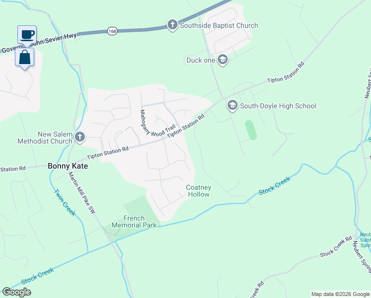 map of restaurants, bars, coffee shops, grocery stores, and more near 7636 Racing Run Road in Knoxville