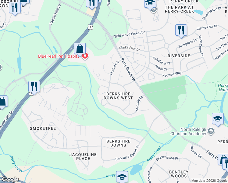map of restaurants, bars, coffee shops, grocery stores, and more near 8230 McGuire Drive in Raleigh
