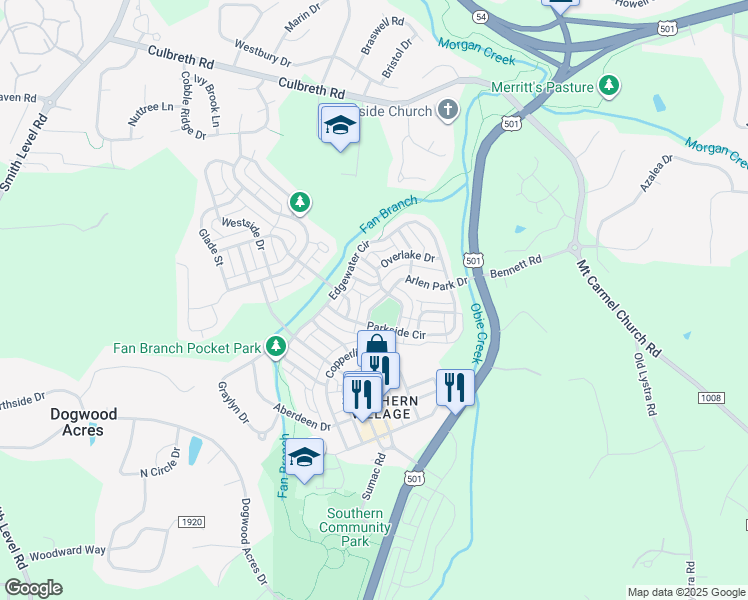map of restaurants, bars, coffee shops, grocery stores, and more near 104 Parkview Crescent in Chapel Hill
