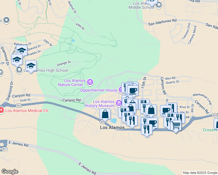 map of restaurants, bars, coffee shops, grocery stores, and more near 1876 24th Street in Los Alamos