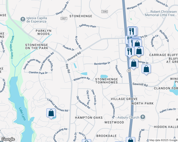 map of restaurants, bars, coffee shops, grocery stores, and more near 2484 Stonehenge Park Drive in Raleigh
